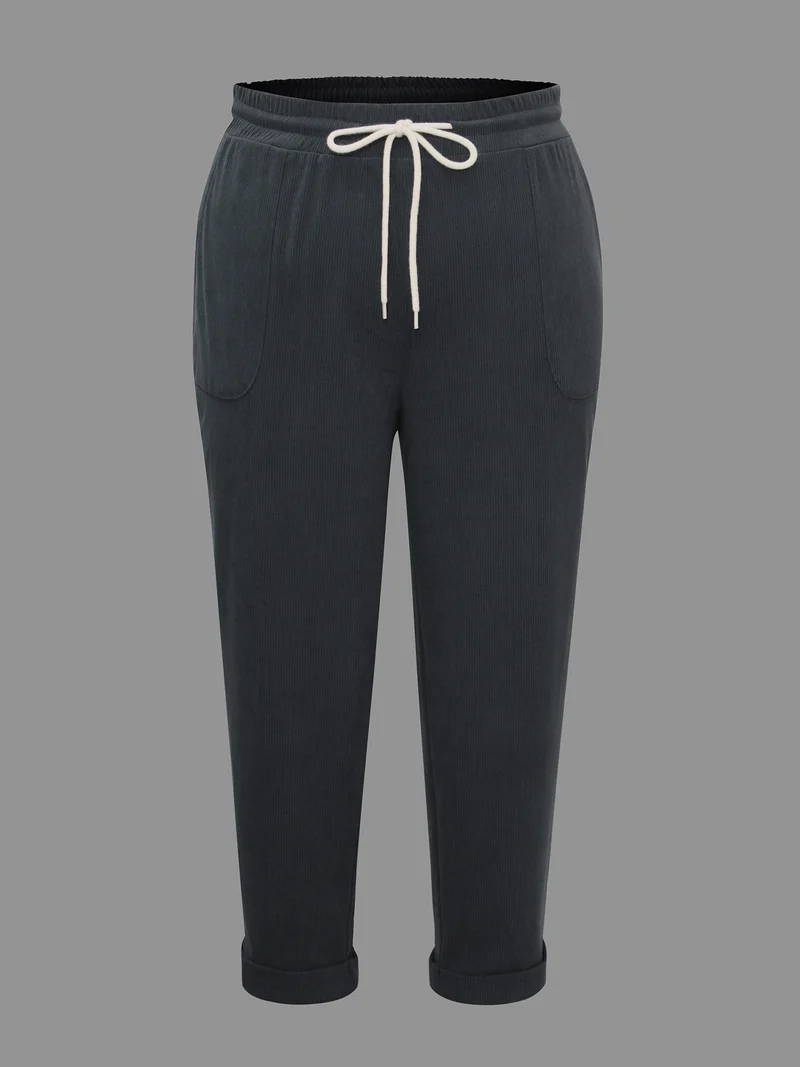 Plain Drawstring Slant Pocket Roll Hem Pants