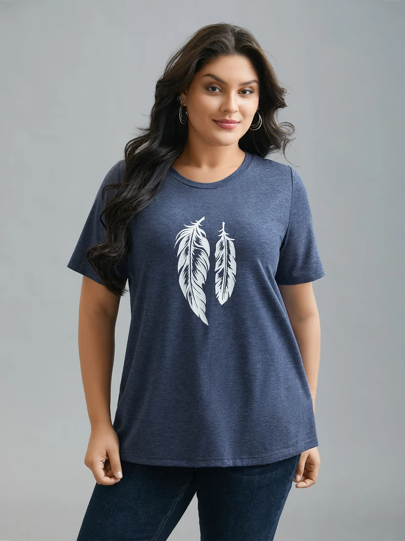 Round Neck Feather Pattern T-Shirt