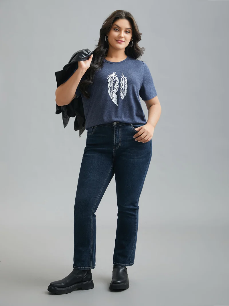 Round Neck Feather Pattern T-Shirt