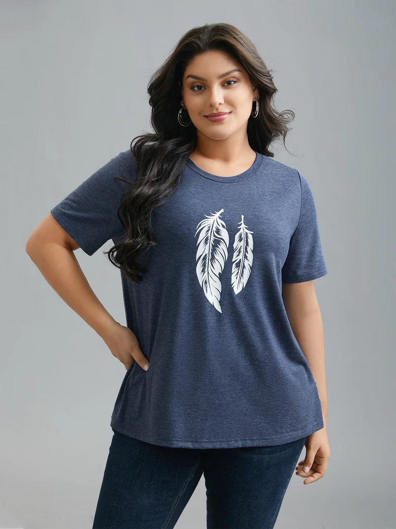 Round Neck Feather Pattern T-Shirt