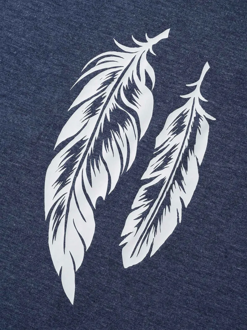 Round Neck Feather Pattern T-Shirt