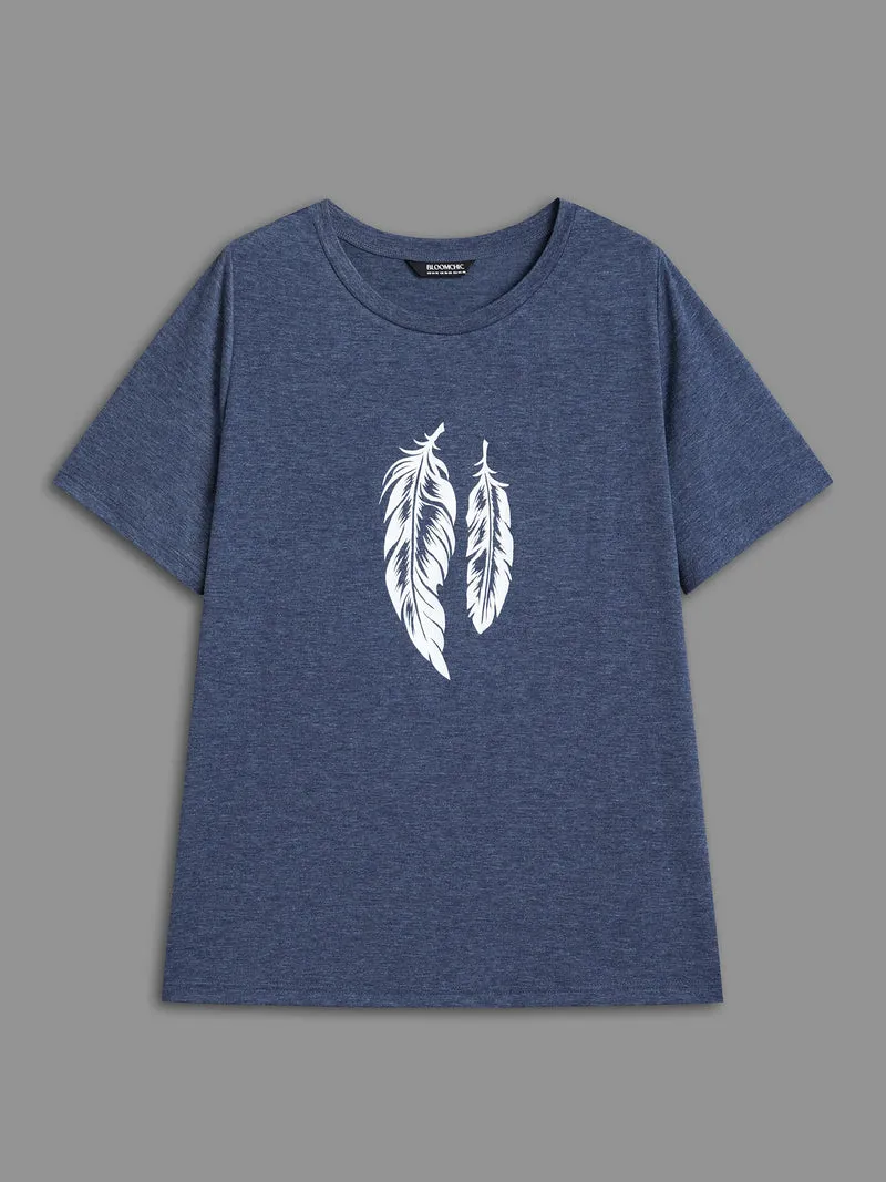 Round Neck Feather Pattern T-Shirt