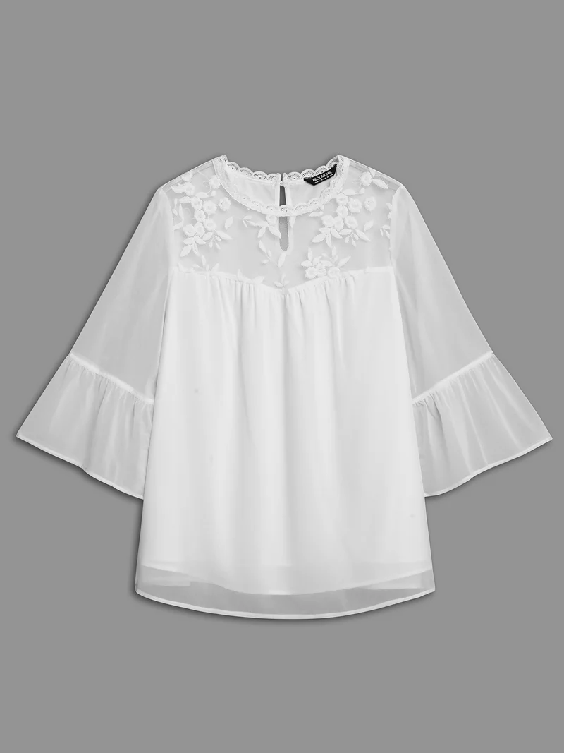 Dreamy Lace Neck Flared Sleeve Chiffon Blouse