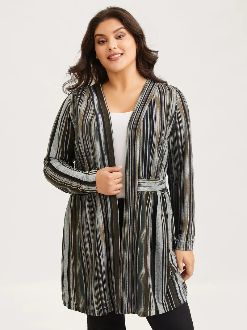 Colored Striped Open Front Waist Defining Jacket