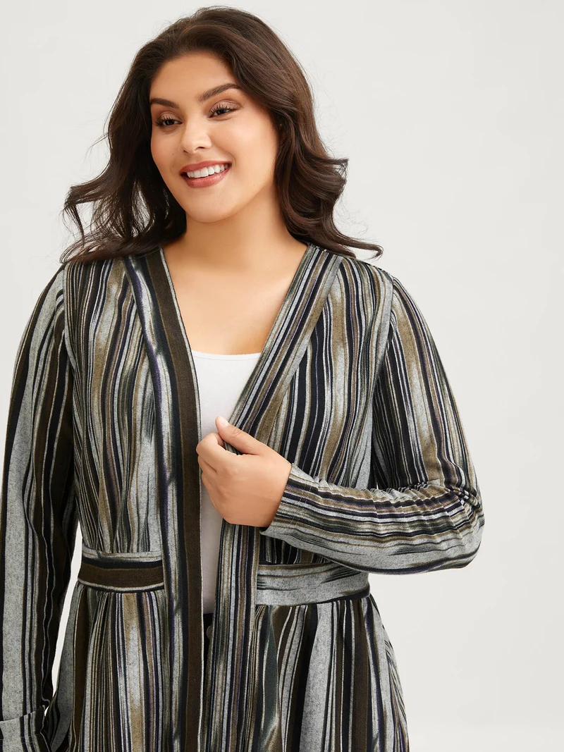Colored Striped Open Front Waist Defining Jacket