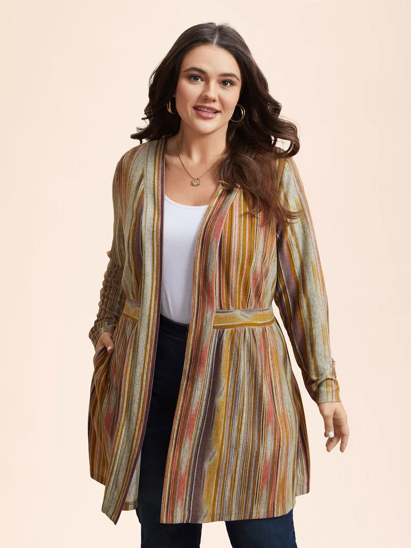 Colored Striped Open Front Waist Defining Jacket