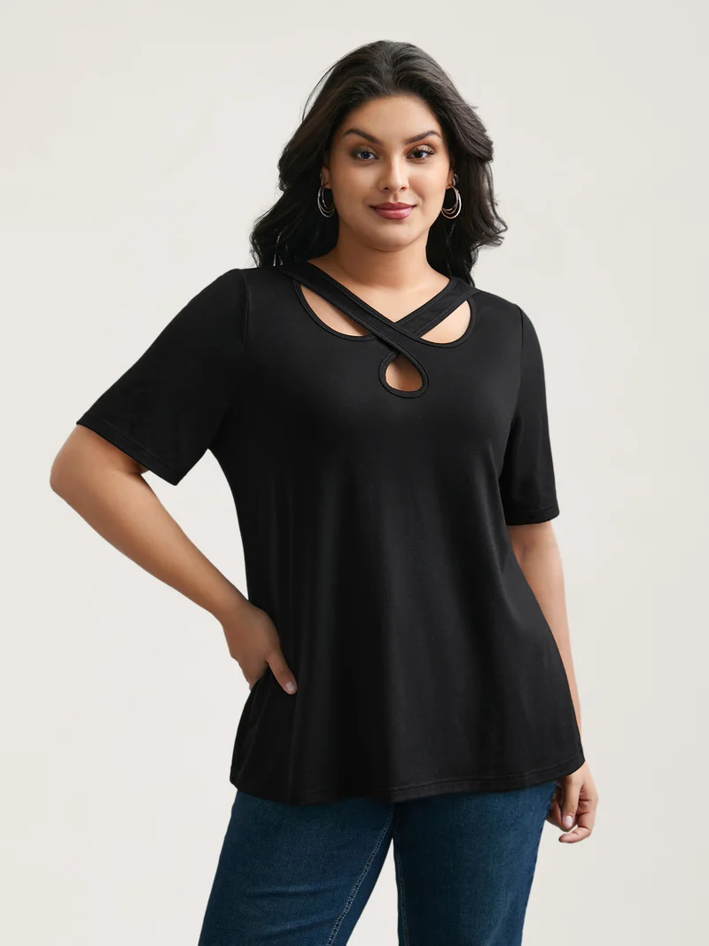 Crossover Keyhole Plain Stretchy T-Shirt