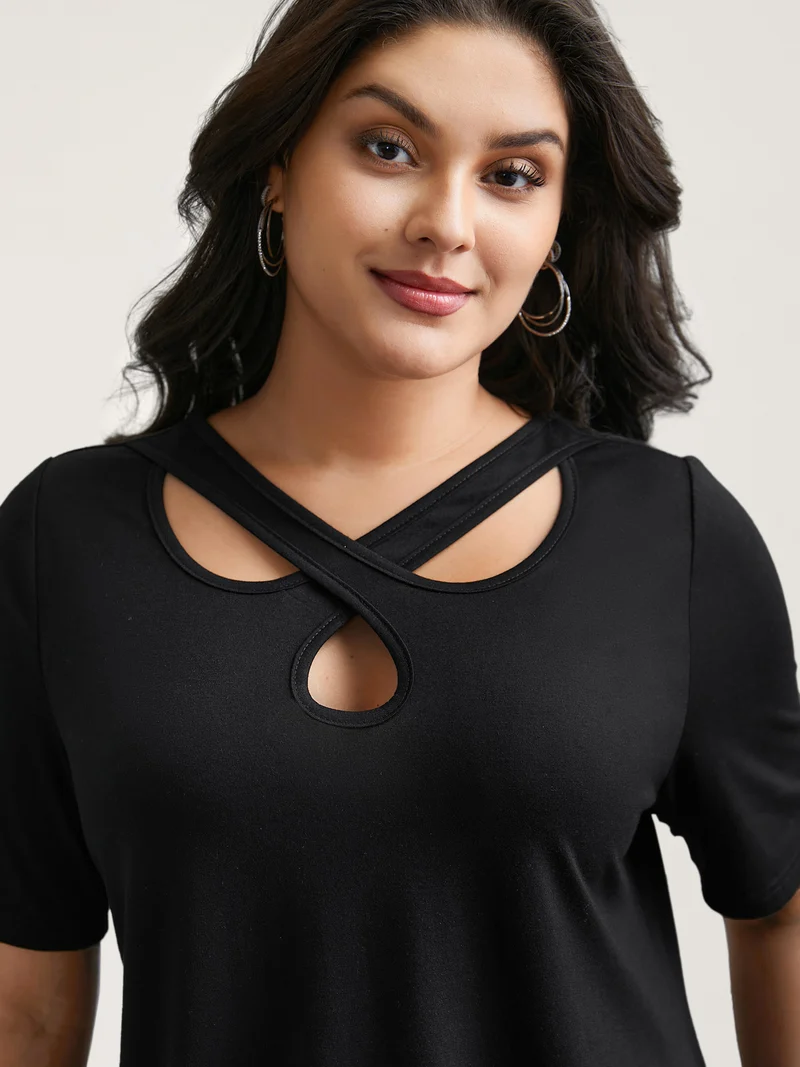 Crossover Keyhole Plain Stretchy T-Shirt