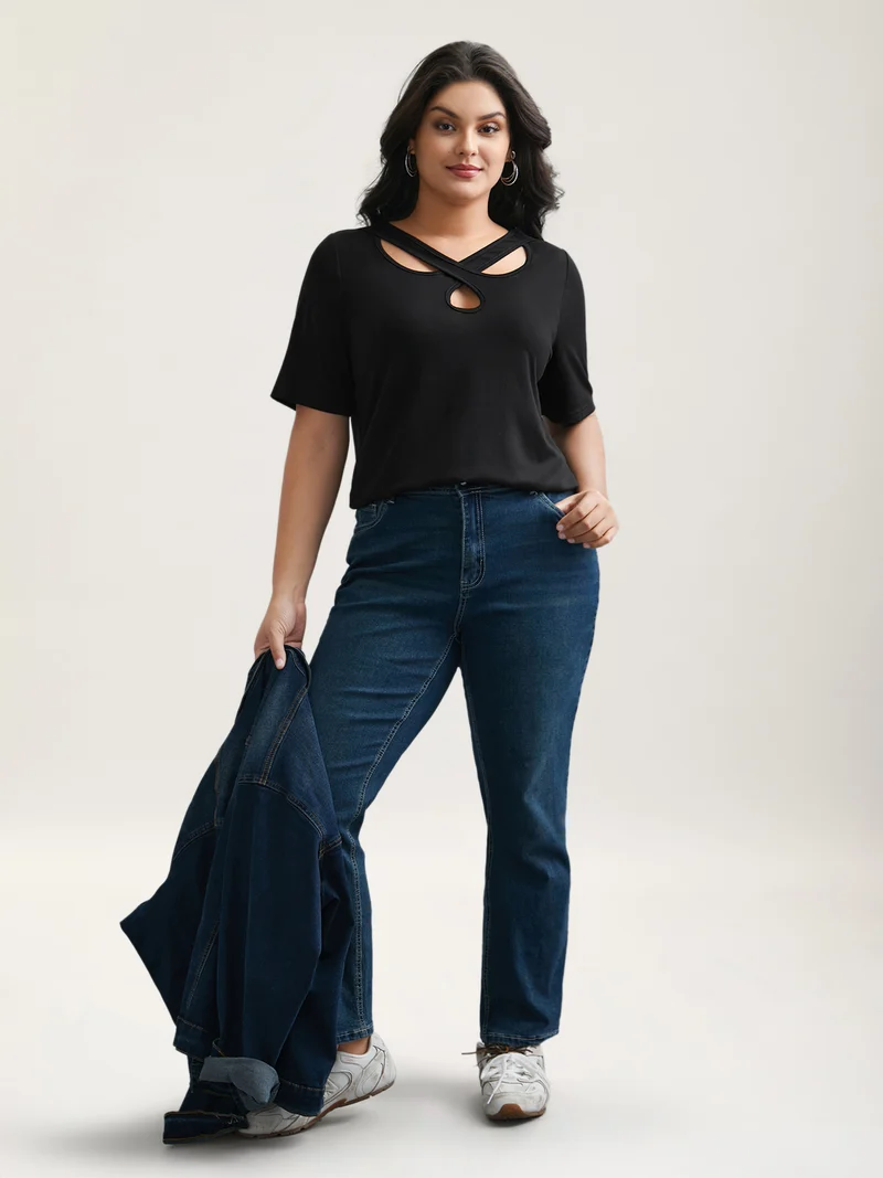 Crossover Keyhole Plain Stretchy T-Shirt
