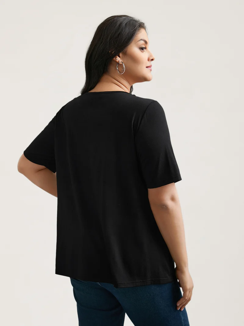 Crossover Keyhole Plain Stretchy T-Shirt