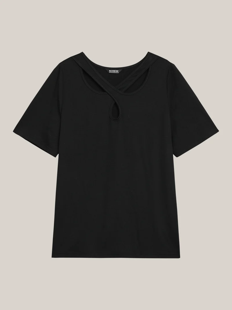 Crossover Keyhole Plain Stretchy T-Shirt