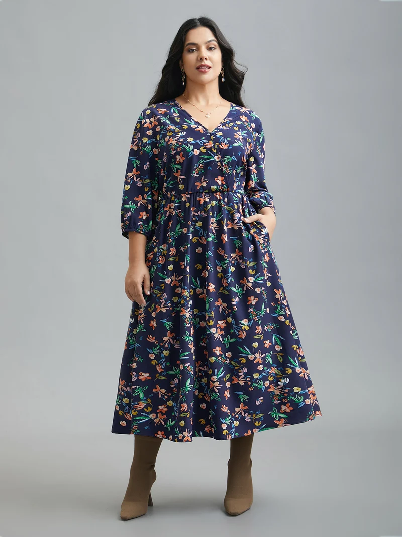 Surplice Neck Floral Print Pocket Dress