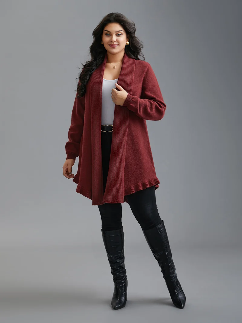 Kimono Collar Texture Knit Ruffle Hem Cardigan