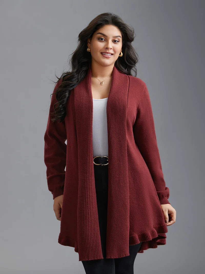 Kimono Collar Texture Knit Ruffle Hem Cardigan