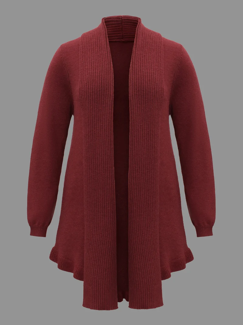 Kimono Collar Texture Knit Ruffle Hem Cardigan