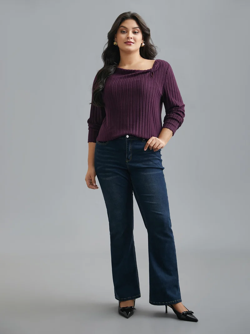 Textured Twisted Asymmetric Neck T-Shirt