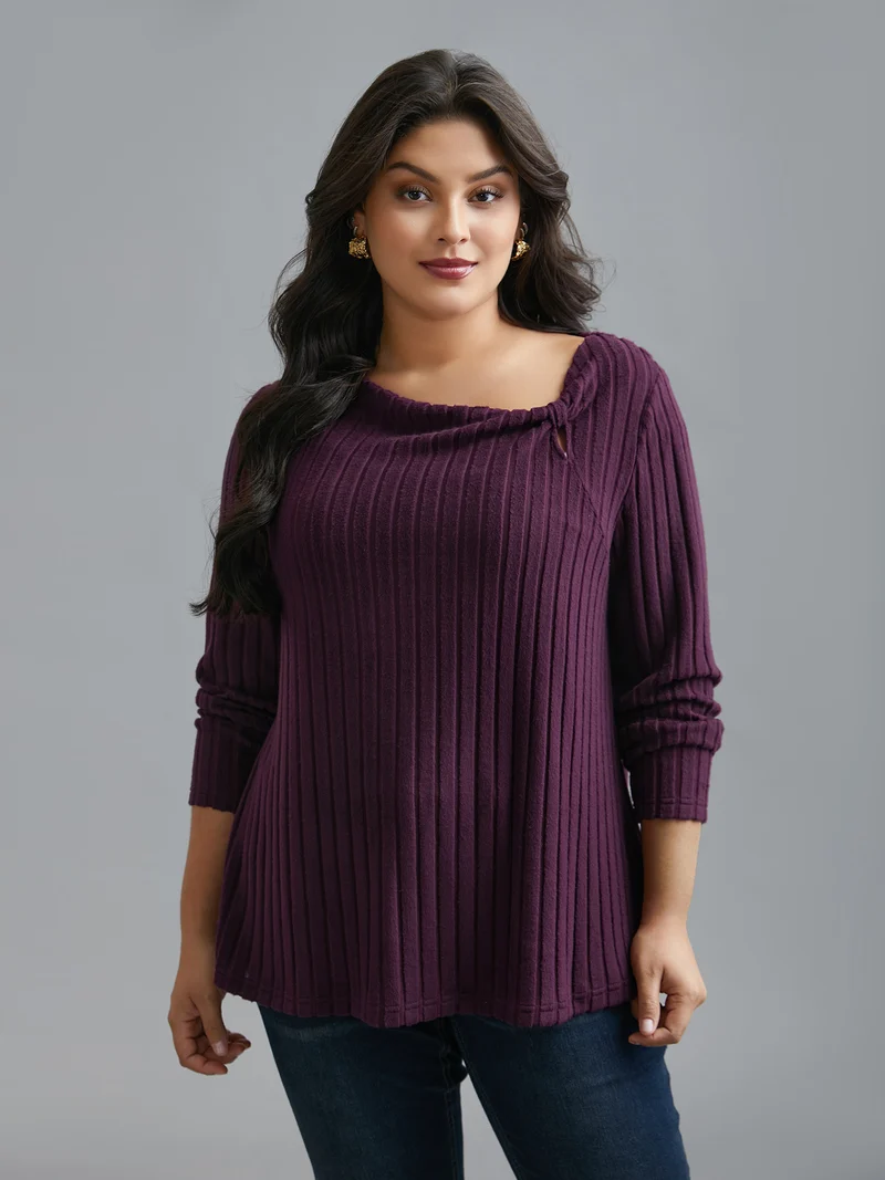 Textured Twisted Asymmetric Neck T-Shirt