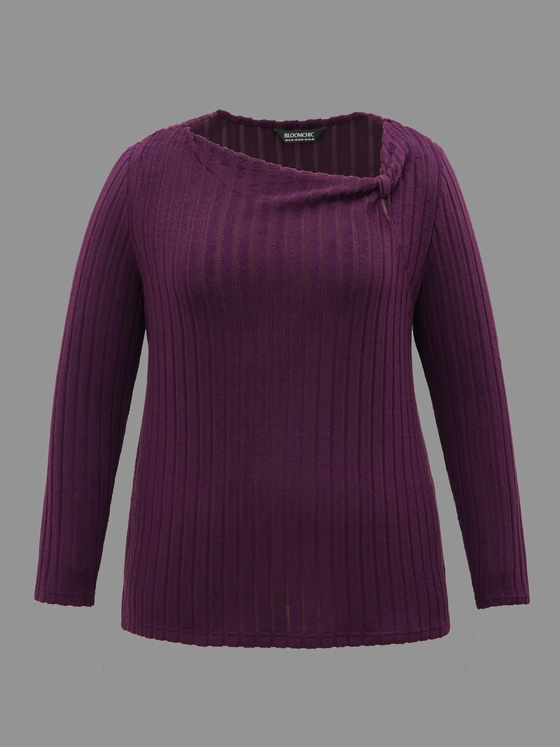 Textured Twisted Asymmetric Neck T-Shirt