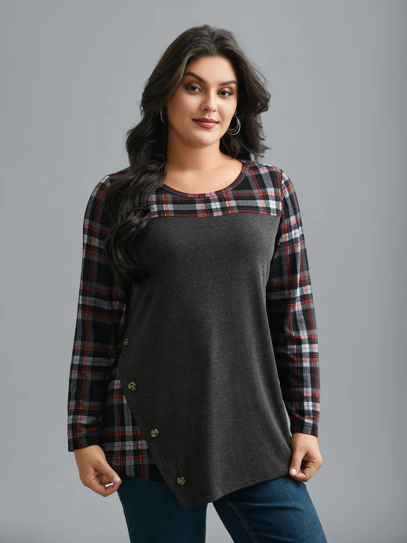 Gingham Patchwork Button Detail T-Shirt