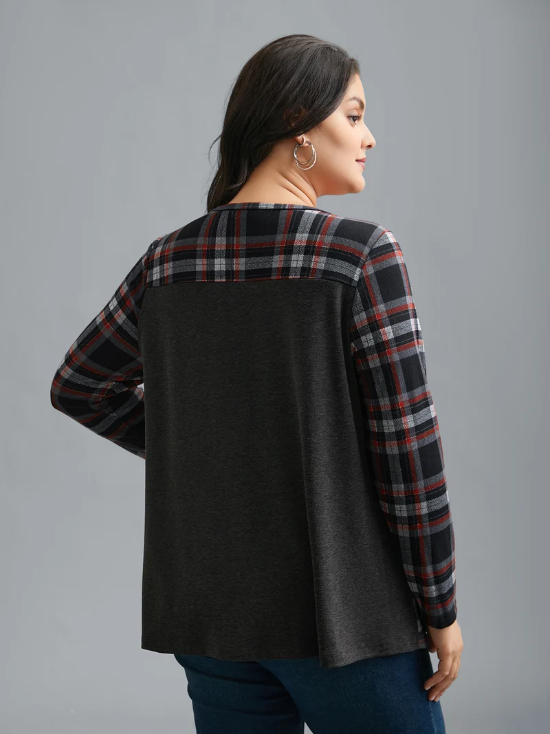 Gingham Patchwork Button Detail T-Shirt