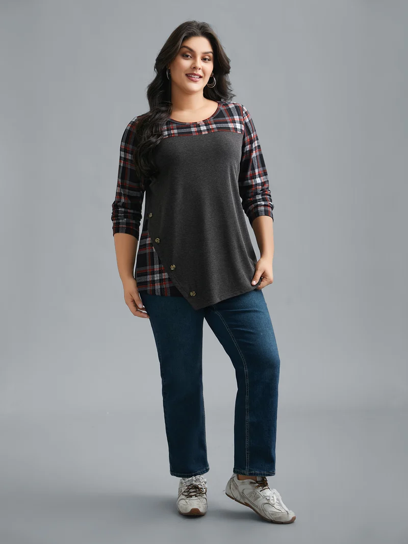 Gingham Patchwork Button Detail T-Shirt