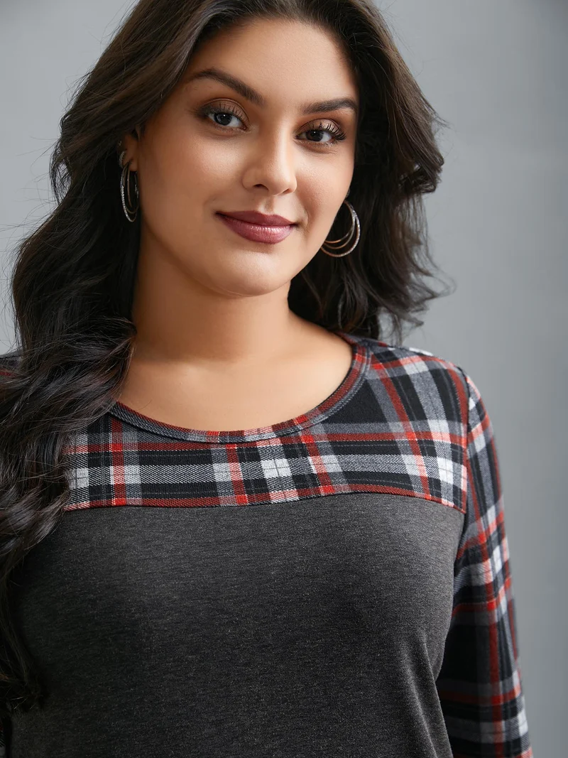 Gingham Patchwork Button Detail T-Shirt