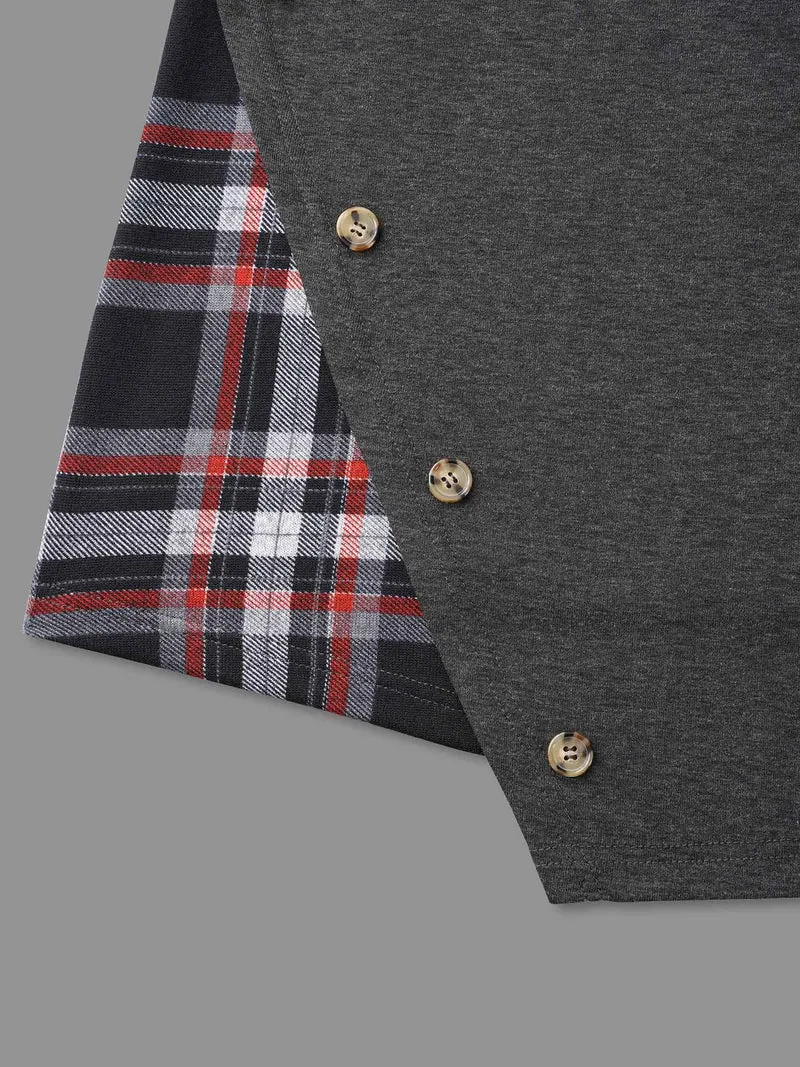 Gingham Patchwork Button Detail T-Shirt