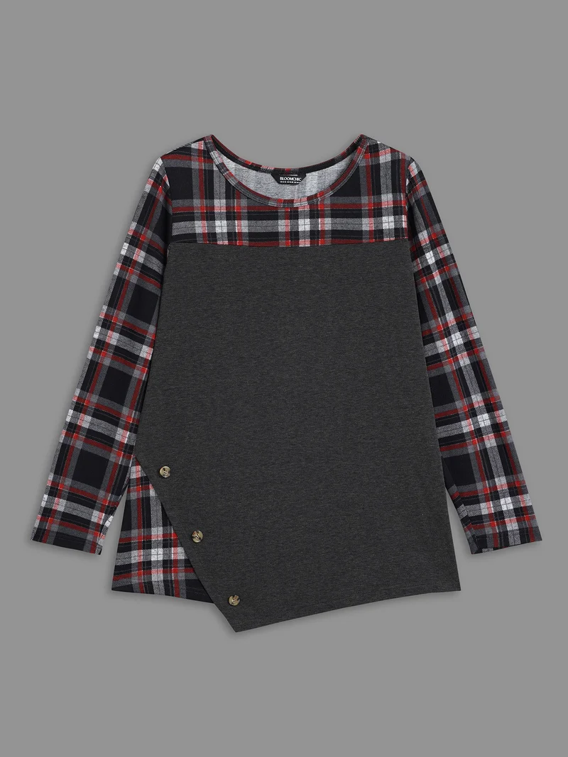 Gingham Patchwork Button Detail T-Shirt