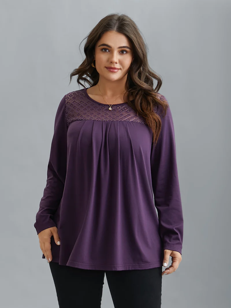 Crew Neck Lace Detail Pleated T-Shirt