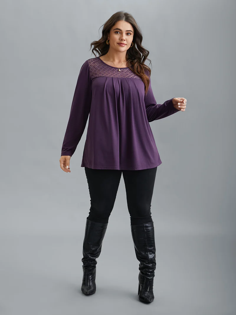 Crew Neck Lace Detail Pleated T-Shirt