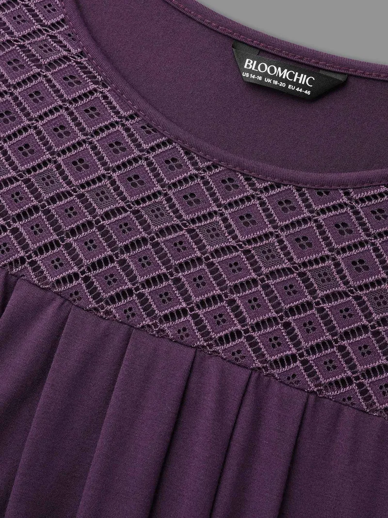 Crew Neck Lace Detail Pleated T-Shirt