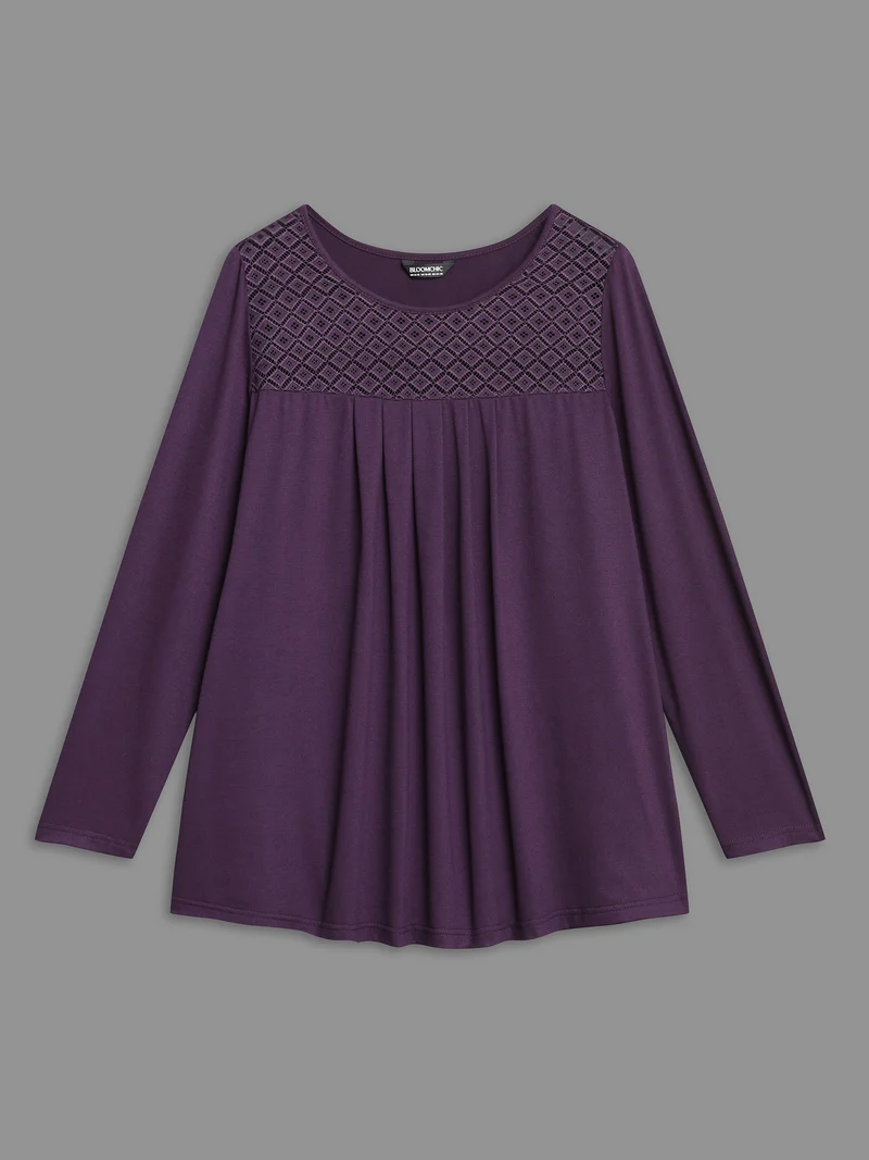 Crew Neck Lace Detail Pleated T-Shirt