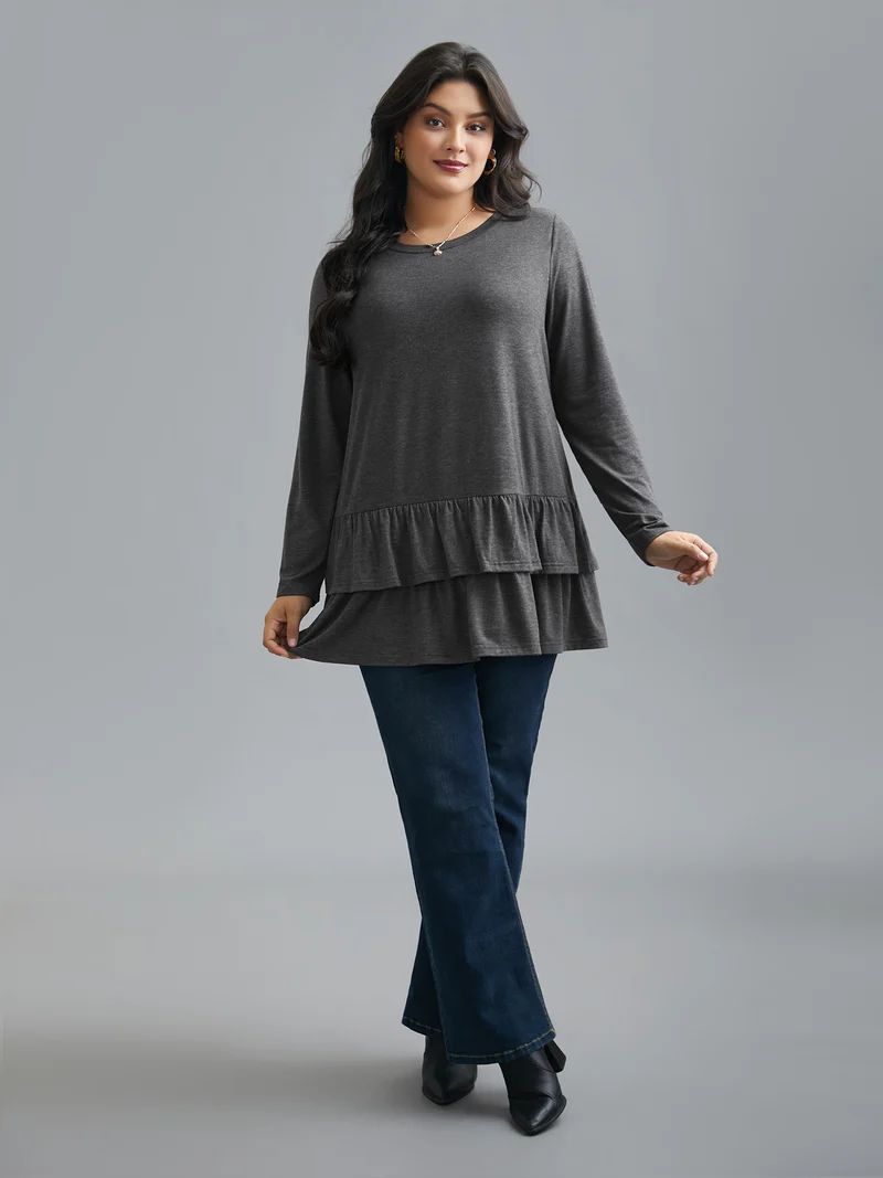 Round Neck Tiered Ruffles Hem T-Shirt