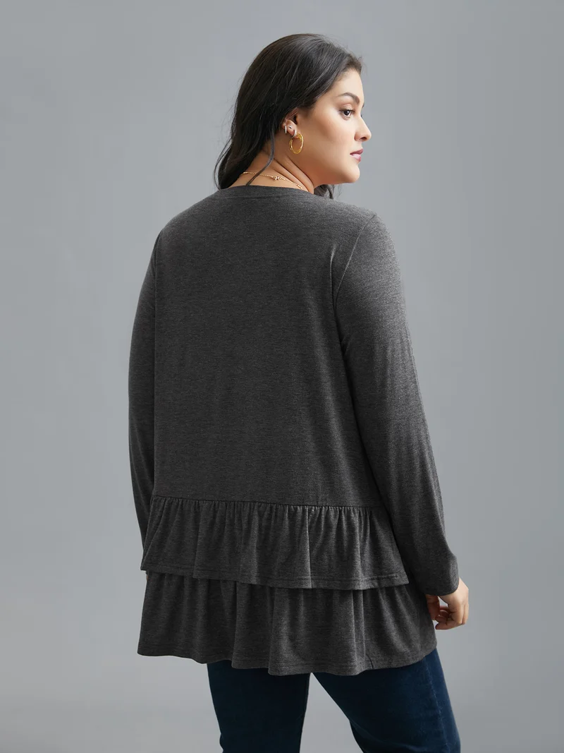 Round Neck Tiered Ruffles Hem T-Shirt
