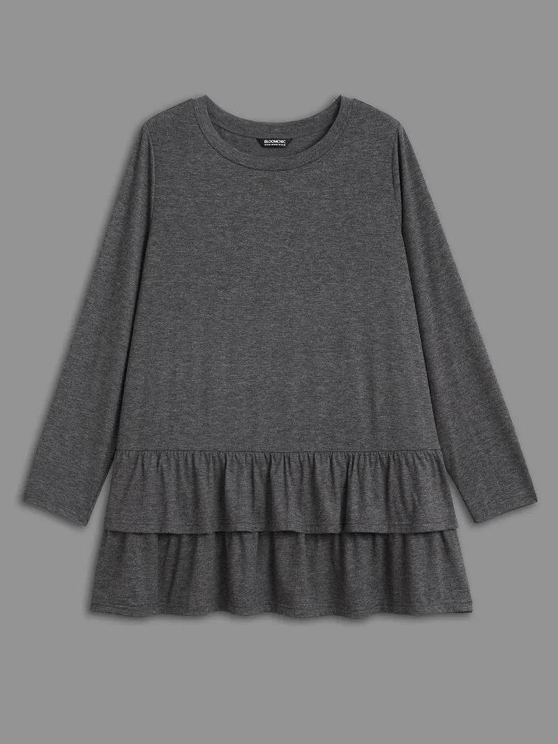 Round Neck Tiered Ruffles Hem T-Shirt