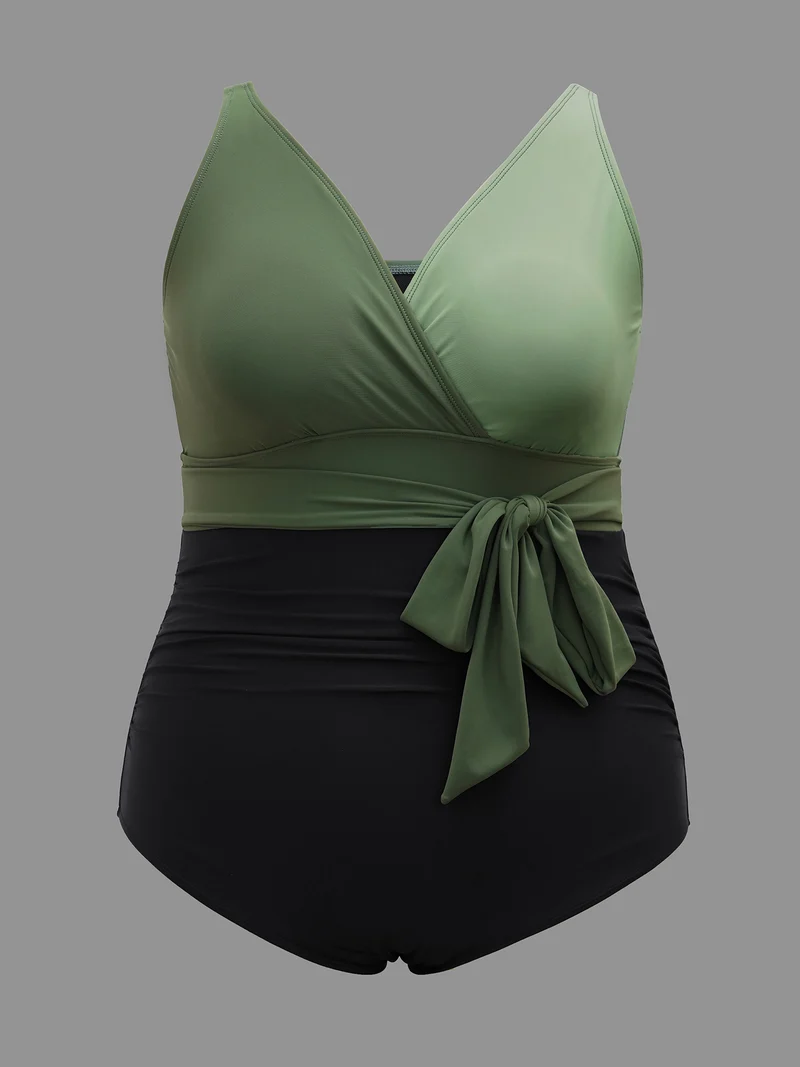 Color Block Waist-Tie One-Piece Swimsuit