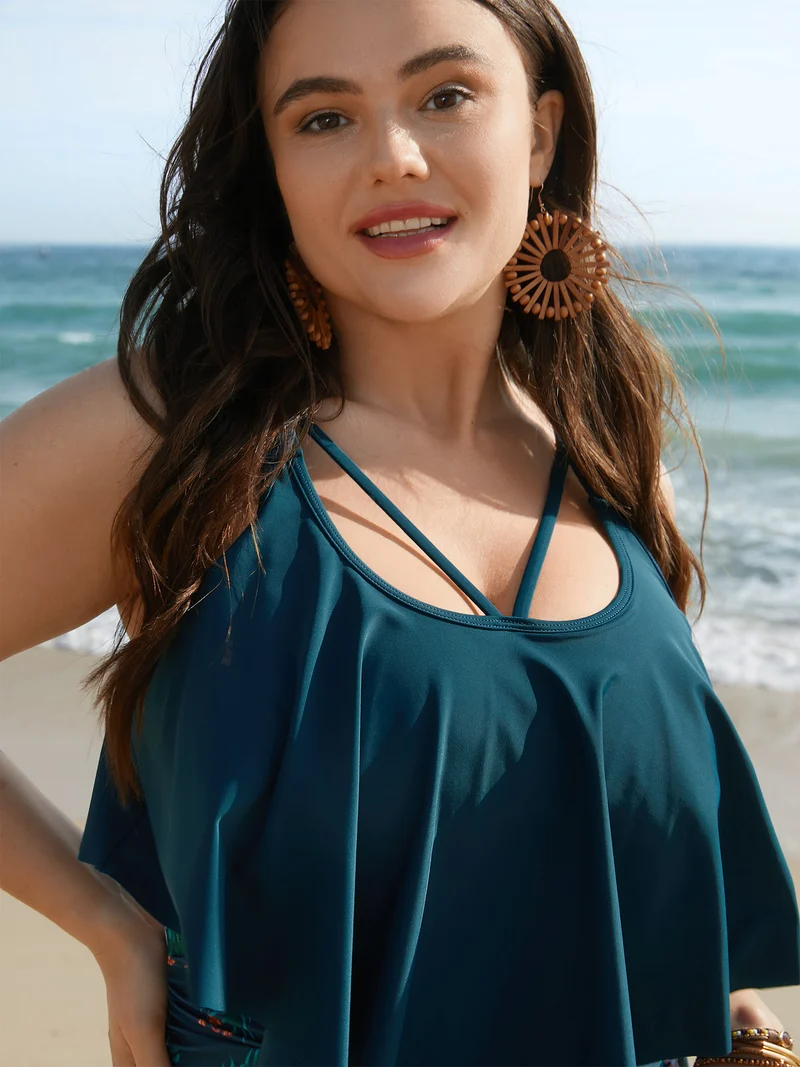Tropical Print Tiered Ruffles Crisscross One Piece Swimsuit