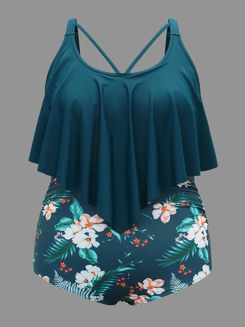 Tropical Print Tiered Ruffles Crisscross One Piece Swimsuit