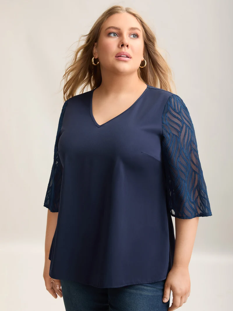 Sheer Mesh Sleeve Spliced V-Neck Blouse