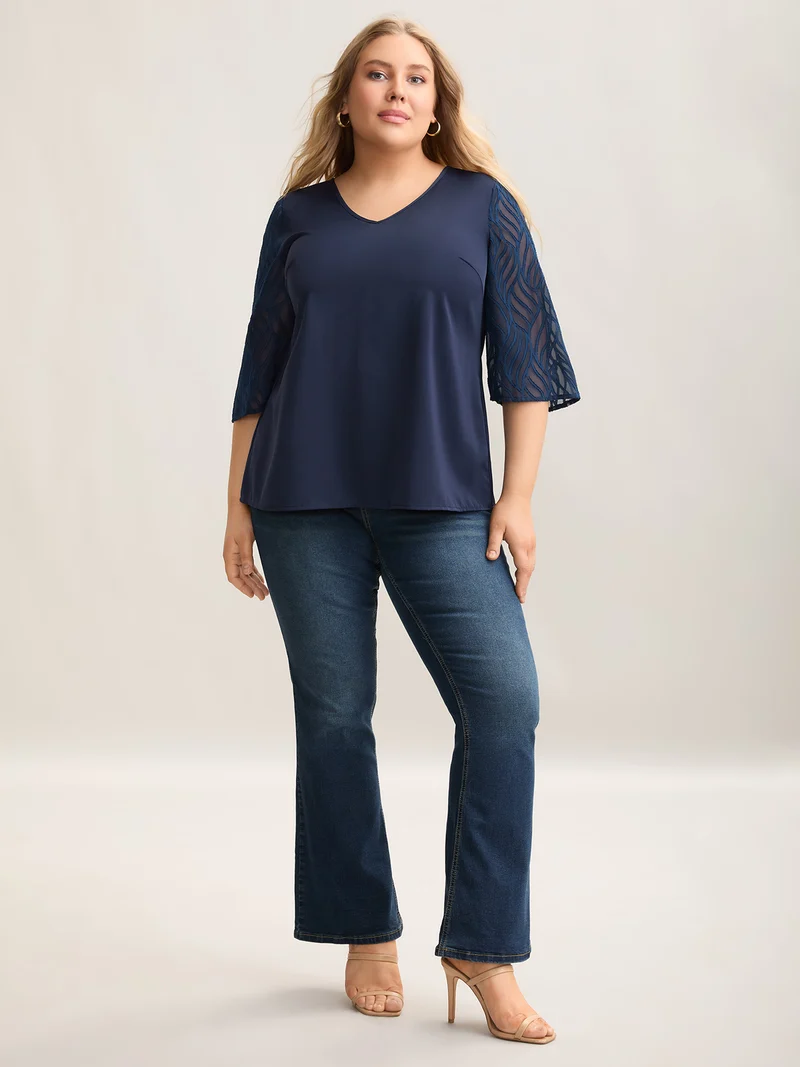 Sheer Mesh Sleeve Spliced V-Neck Blouse