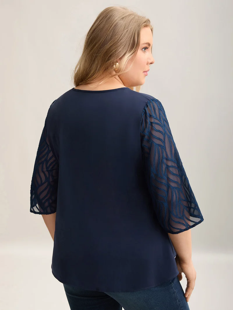 Sheer Mesh Sleeve Spliced V-Neck Blouse