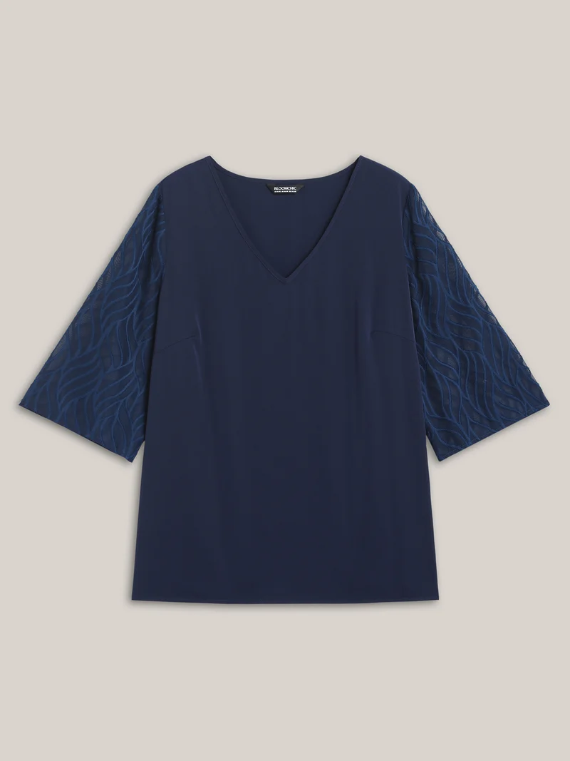Sheer Mesh Sleeve Spliced V-Neck Blouse