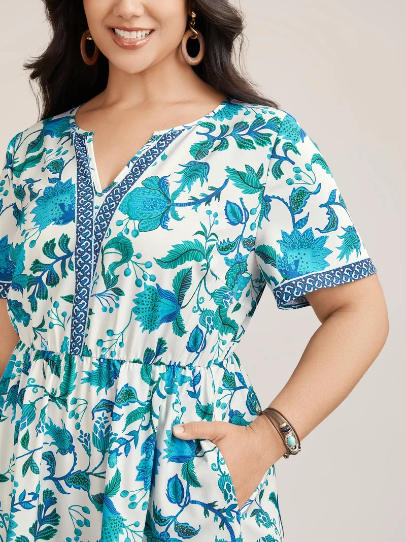 Boho Print Notched Collar Midi Dress