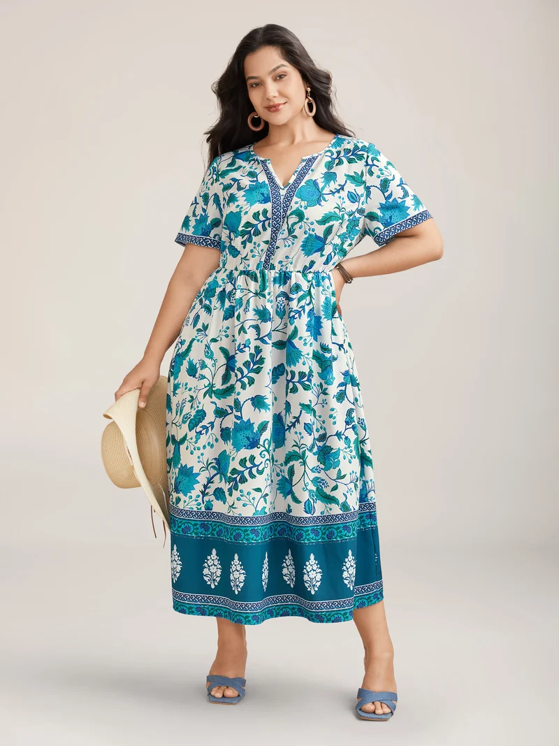 Boho Print Notched Collar Midi Dress