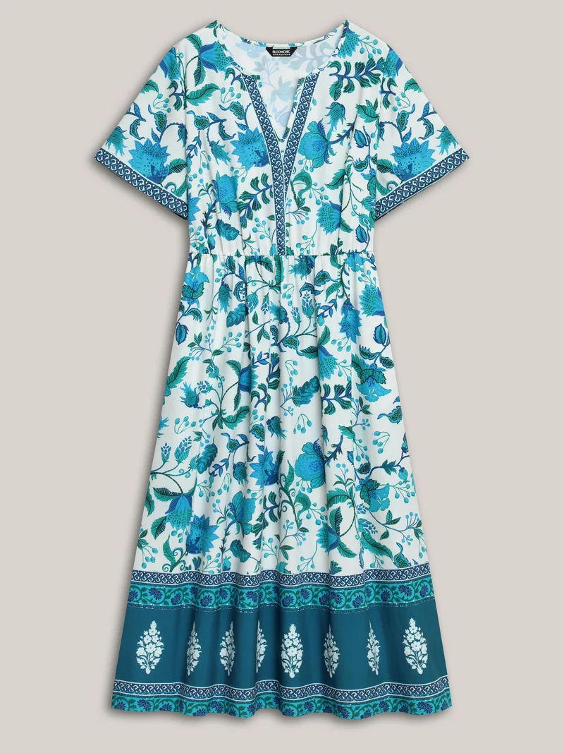 Boho Print Notched Collar Midi Dress