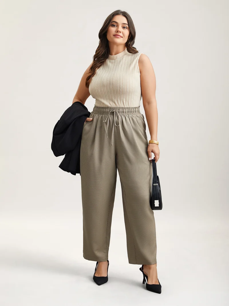 Houndstooth Print Drawstring Waist Pants