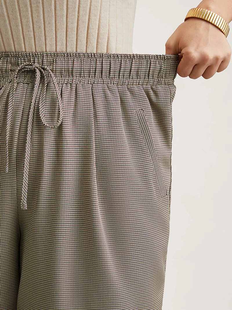 Houndstooth Print Drawstring Waist Pants