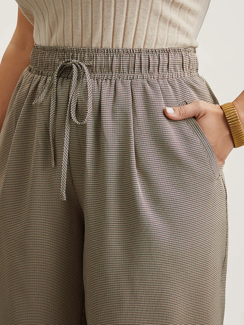 Houndstooth Print Drawstring Waist Pants