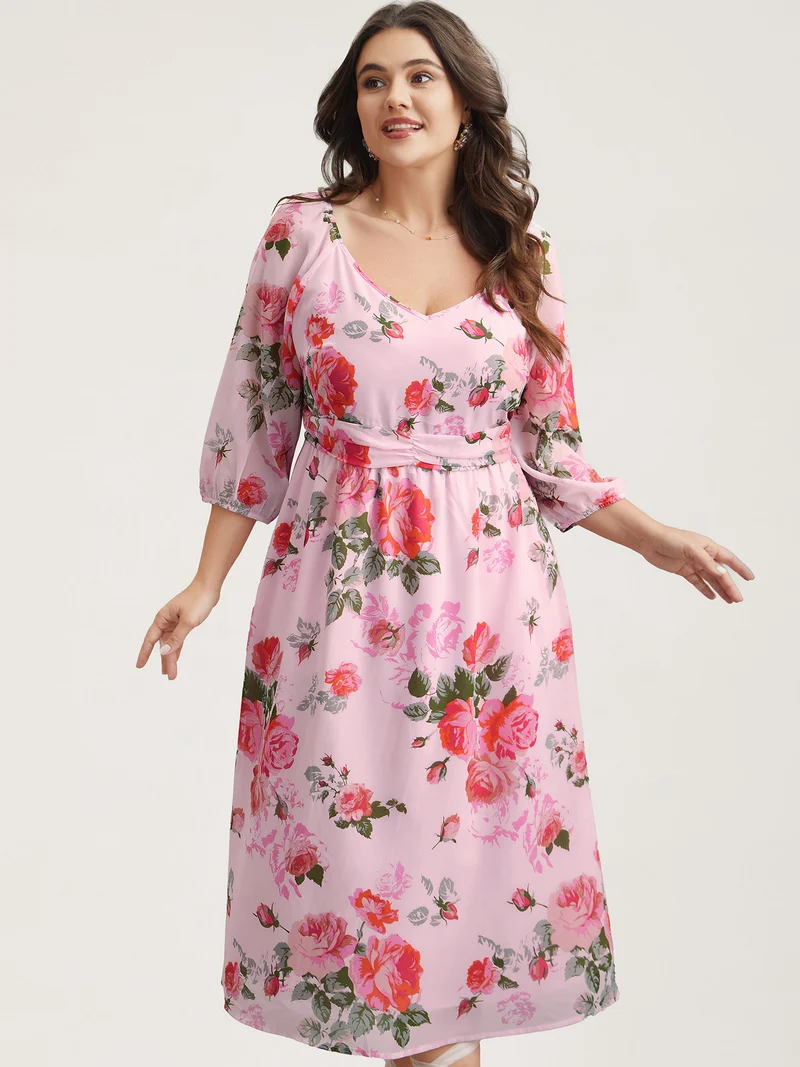 Rosy Print Pockets Pleated Midi Dress
