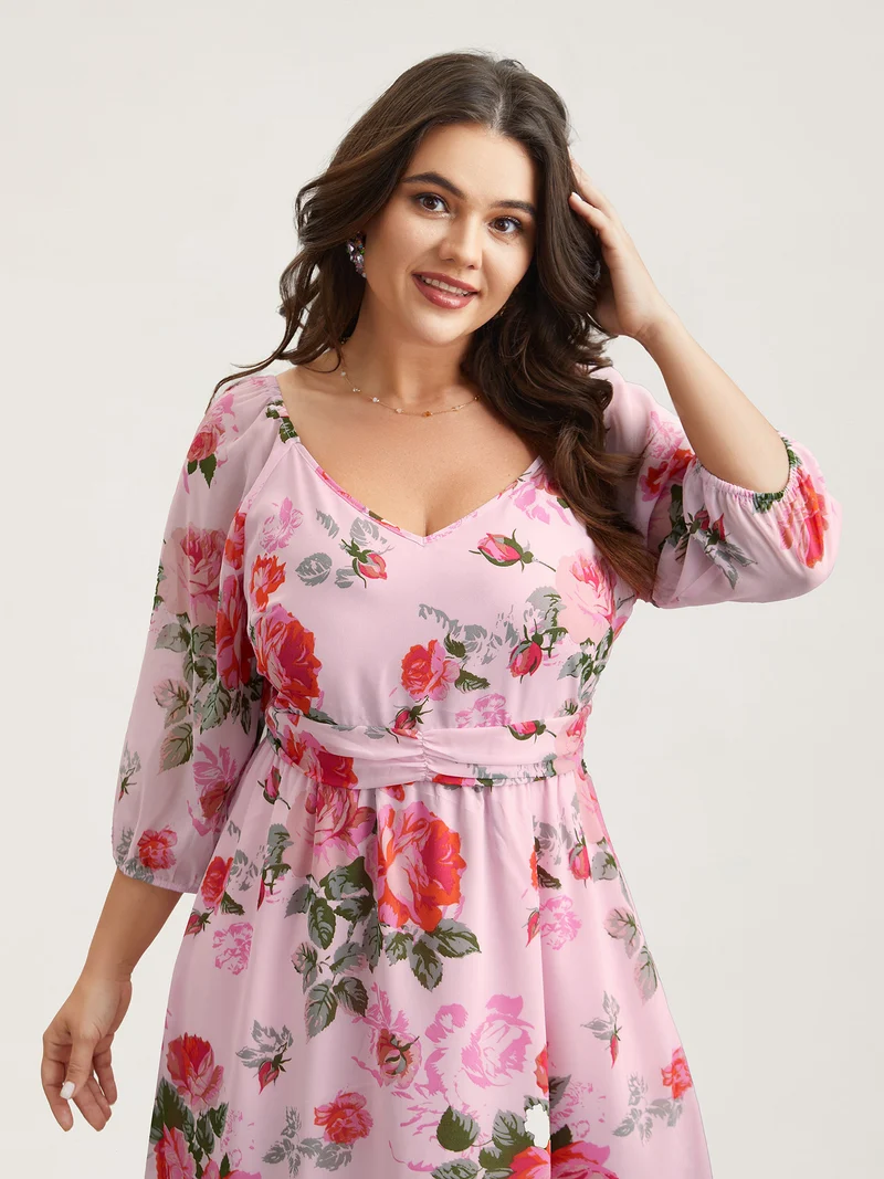 Rosy Print Pockets Pleated Midi Dress